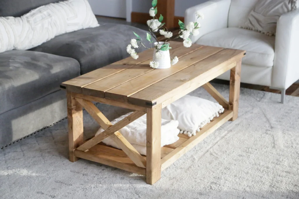 an image of a coffee mtable built in a rustic farm house style out of douglas fir 2x4 and 2x6 lumber 