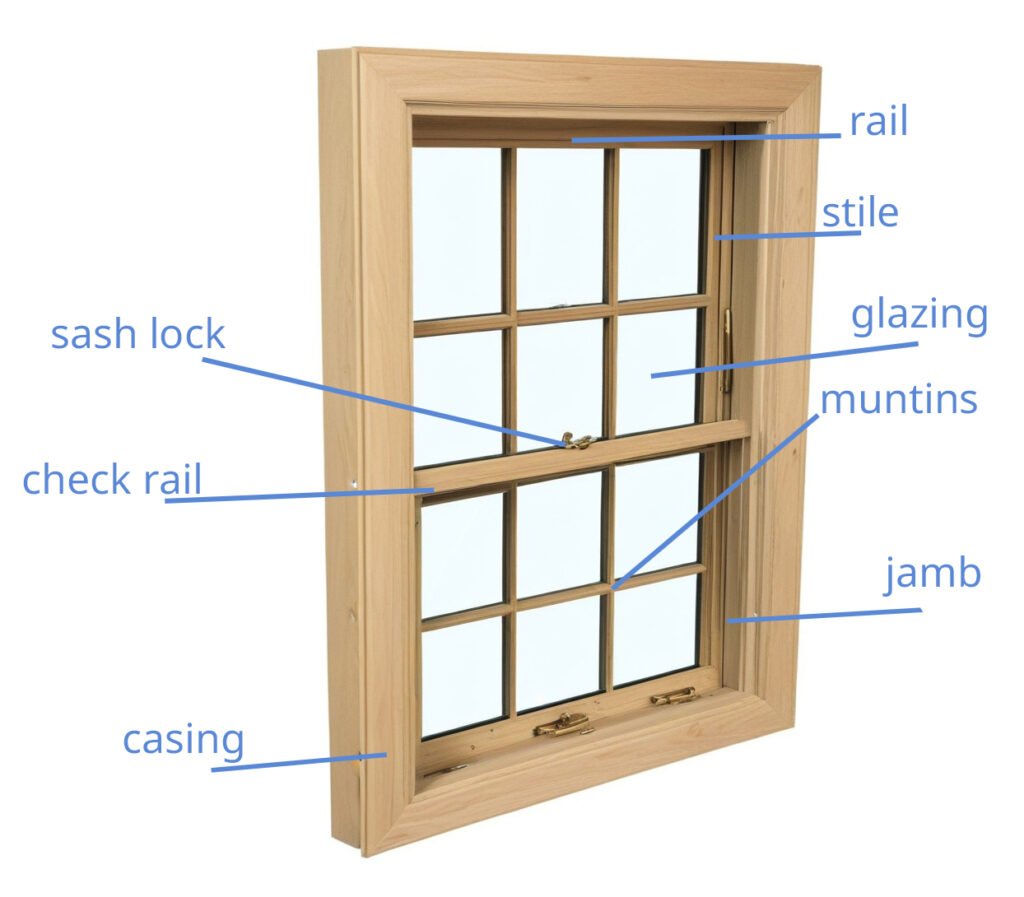 double hung sash window with the components labled