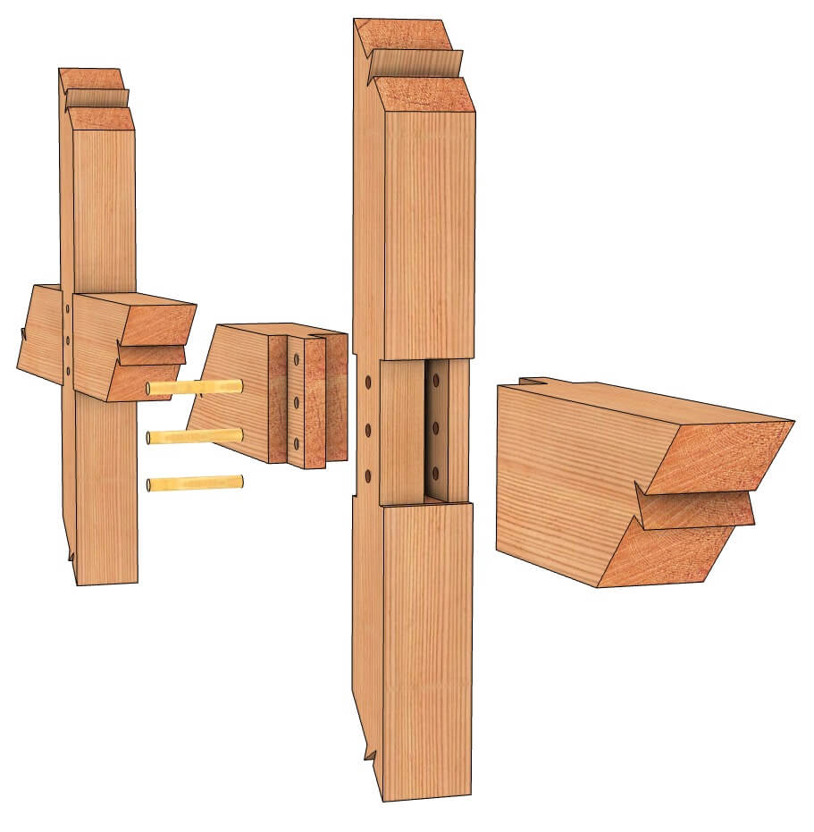 Exploded diagram showing traditional timber frame joinery with pegged mortise and tenon connections