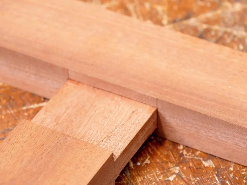 Close-up of a traditional mortise and tenon woodworking joint showing tight-fitting joinery