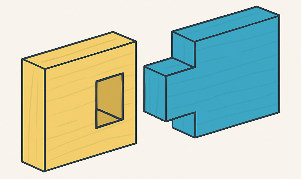 Diagram showing a yellow mortise on the left and a blue tenon on the right that fits into it