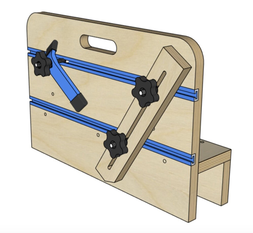 Illustrated DIY saddle-style tenoning jig for table saws made from plywood and T-track hardware
